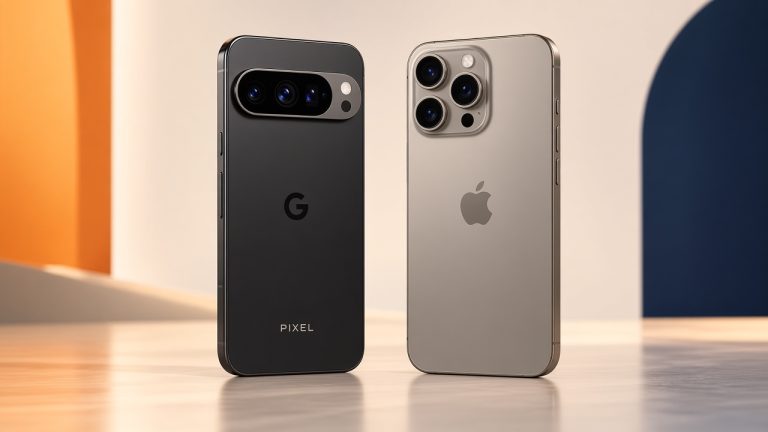 Google Pixel 10 Pro Und Iphone 17 Pro Stehen Auf Elfenbeinfarbener Plattform Vor Orangem Und Marineblauem Hintergrund