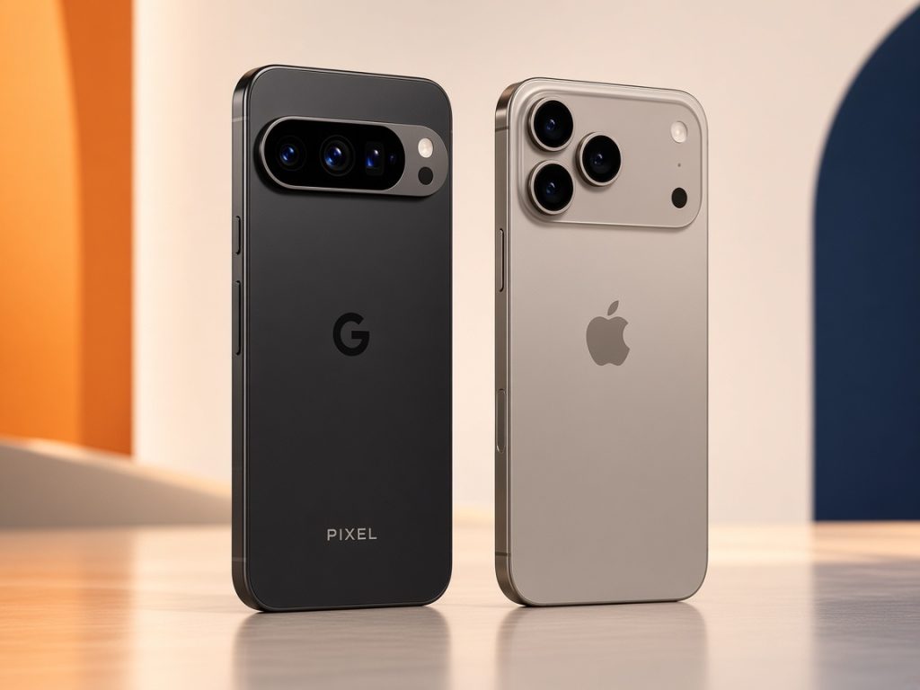 Google Pixel 10 Pro Vs. Iphone 17 Pro: Das Duell Der Ki-Giganten Im Vergleich 9 Pixel 10 Pro Und Iphone 17 Pro Stehend Auf Elfenbeinfarbener Plattform – Display Und Alltag