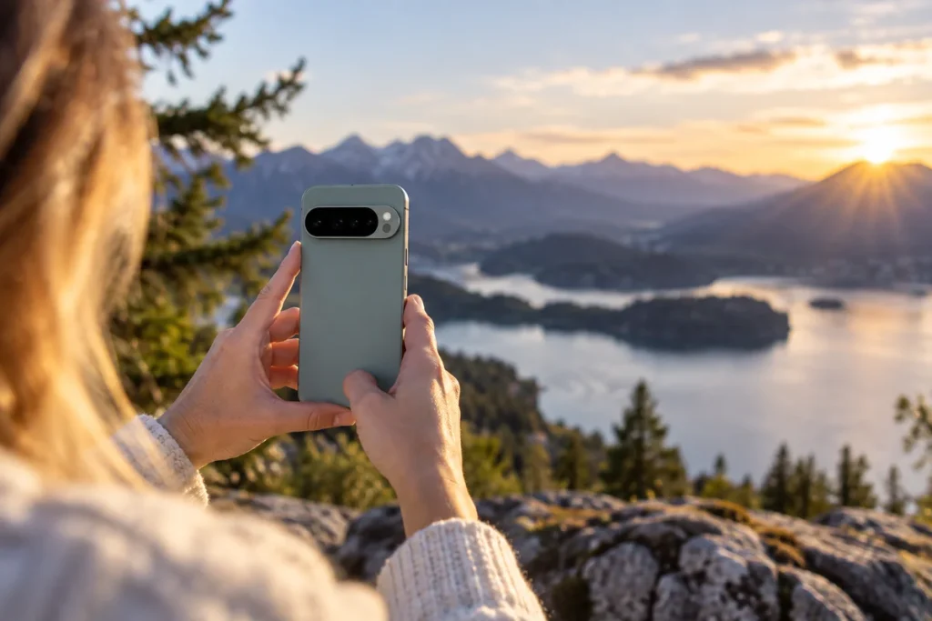 Google Pixel 10 Pro Vs. Iphone 17 Pro: Das Duell Der Ki-Giganten Im Vergleich 10 Person Fotografiert Mit Einem Smartphone Eine Berglandschaft Bei Sonnenuntergang