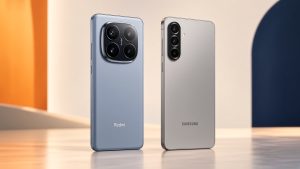 Redmi Note 15 und Samsung Galaxy A17 stehen auf elfenbeinfarbener Plattform vor orangem und marineblauem Hintergrund