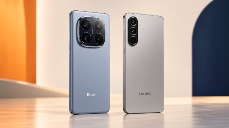 Redmi Note 15 Und Samsung Galaxy A17 Stehen Auf Elfenbeinfarbener Plattform Vor Orangem Und Marineblauem Hintergrund