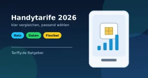 Illustration zum Vergleich günstiger Handytarife 2026 mit Smartphone, SIM-Karte und Netzsignal