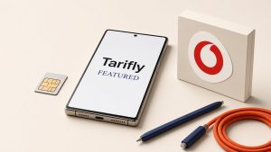 Realistisches Smartphone mit Vodafone-Logo auf elfenbeinfarbenem Editorial-Hintergrund