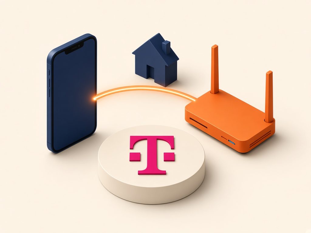 Telekom 10 Isometrische Szene Mit Smartphone, Router Und Telekom-Logo Zu Magentaeins