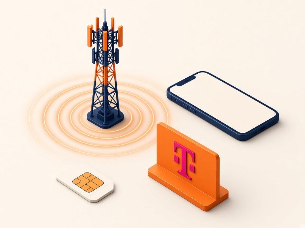 Telekom 11 Isometrische Szene Mit Mast, Signal Und Telekom-Logo Zum Netz