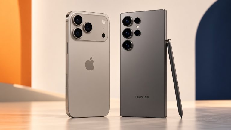 Galaxy S26 Ultra Und Iphone 17 Pro Max Stehen Auf Elfenbeinfarbener Plattform Vor Orangem Und Marineblauem Hintergrund