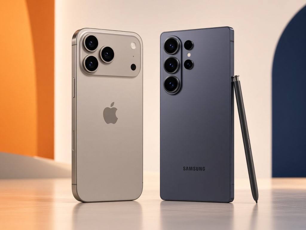 Samsung Galaxy S26 Ultra Vs. Iphone 17 Pro Max: Vergleich 2026 9 Iphone 17 Pro Max Und Galaxy S26 Ultra Stehend Auf Elfenbeinfarbener Plattform – Wichtigste Unterschiede