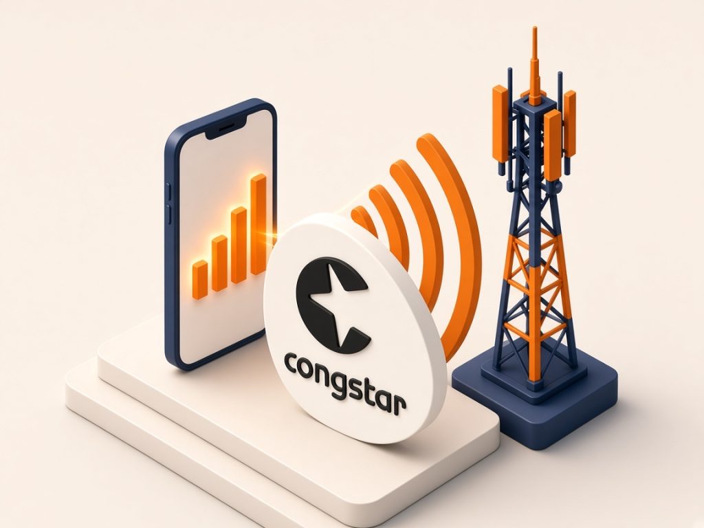 Congstar Tarife 2026: Telekom-Netz, 5G, Prepaid &Amp; Flex 9 Isometrische Szene Mit Smartphone, Mast Und Congstar-Logo Zum Netz