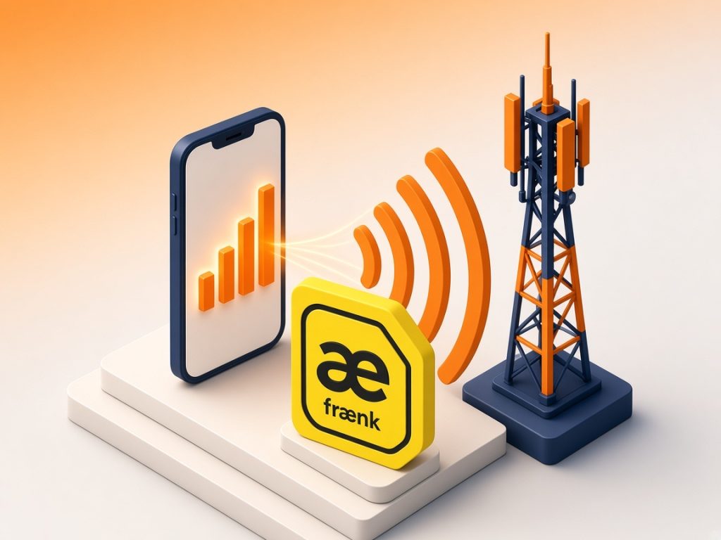 Isometrische Szene Mit Smartphone, Mast Und Fraenk-Logo Zum Netz