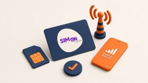 Isometrische Szene mit Smartphone, SIM und echtem SIMon-mobile-Logo