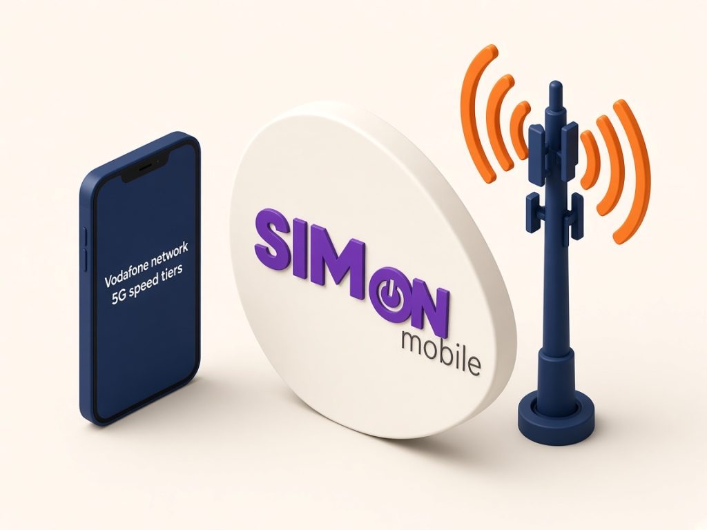 Simon Mobile Tarif 2026: Vodafone-Netz, 5G, Esim &Amp; Kosten 9 Isometrische Szene Mit Smartphone, Mast Und Simon-Logo Zu Netz Und 5G