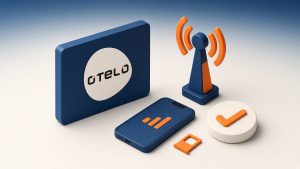 Isometrische Szene mit Smartphone, SIM und echtem otelo-Logo