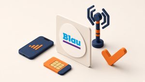 Isometrische Szene mit Smartphone, SIM und echtem Blau-Logo