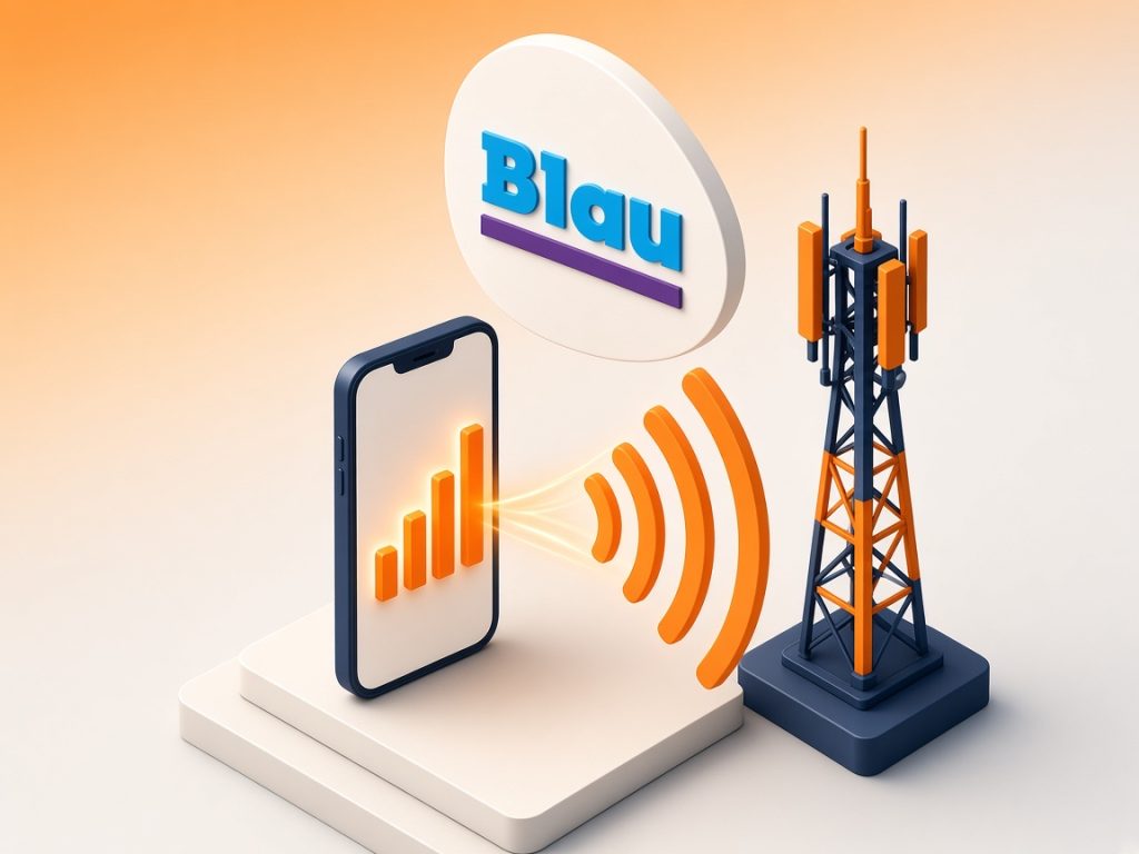 Blau Tarife 2026: O2-Netz, 5G, Flex, Esim &Amp; Prepaid 11 Isometrische Szene Mit Smartphone, Mast Und Blau-Logo Zur Netzgeschwindigkeit