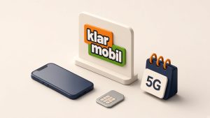 Isometrische Szene mit Smartphone, Mast, eSIM und echtem klarmobil-Logo auf einer Karte