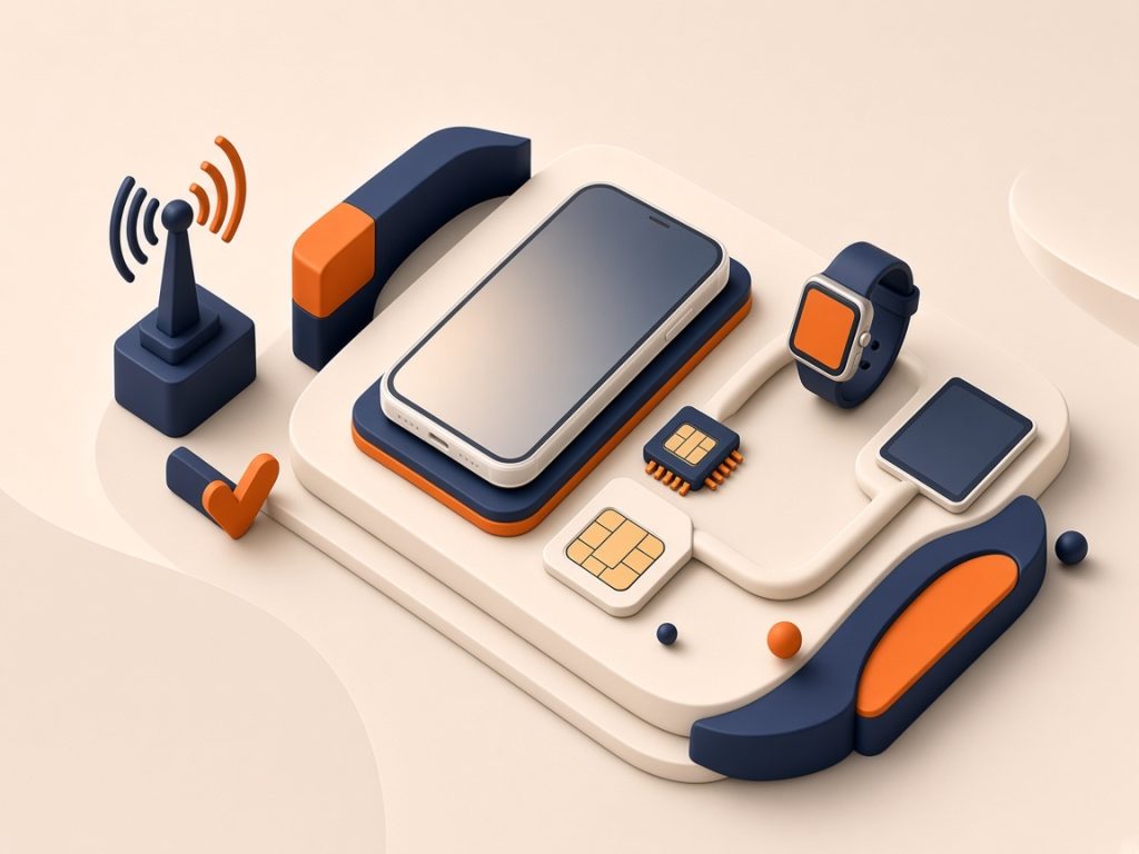 Isometrische Szene Mit Smartphone, Esim-Chip, Extra-Sim Und Smartwatch Für Multicard