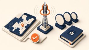 Isometrische Szene mit Smartphone, Sendemast und Tarif-Tokens zum 5G-Vergleich