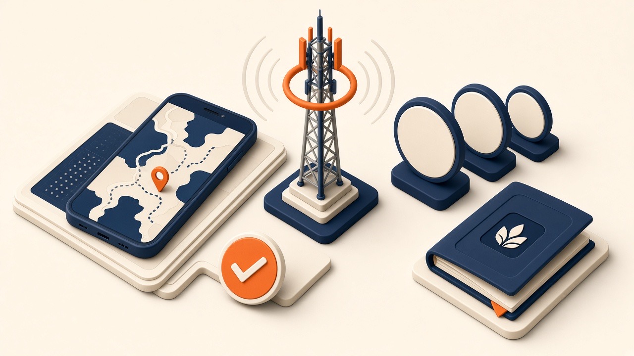 Isometrische Szene Mit Smartphone, Sendemast Und Tarif-Tokens Zum 5G-Vergleich