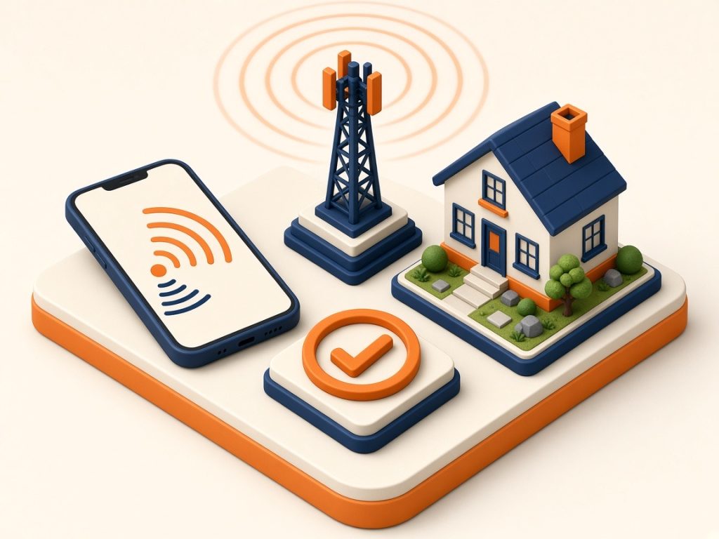 5G-Tarif Günstig Finden: 8 Praktische Tipps Für 2026 11 Isometrische Szene Mit Smartphone, Mast Und Haus Zur Abdeckungsprüfung