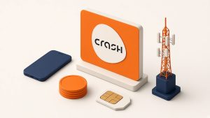 Isometrische Szene mit Smartphone, Prepaid-Tokens und echtem Crash-Logo