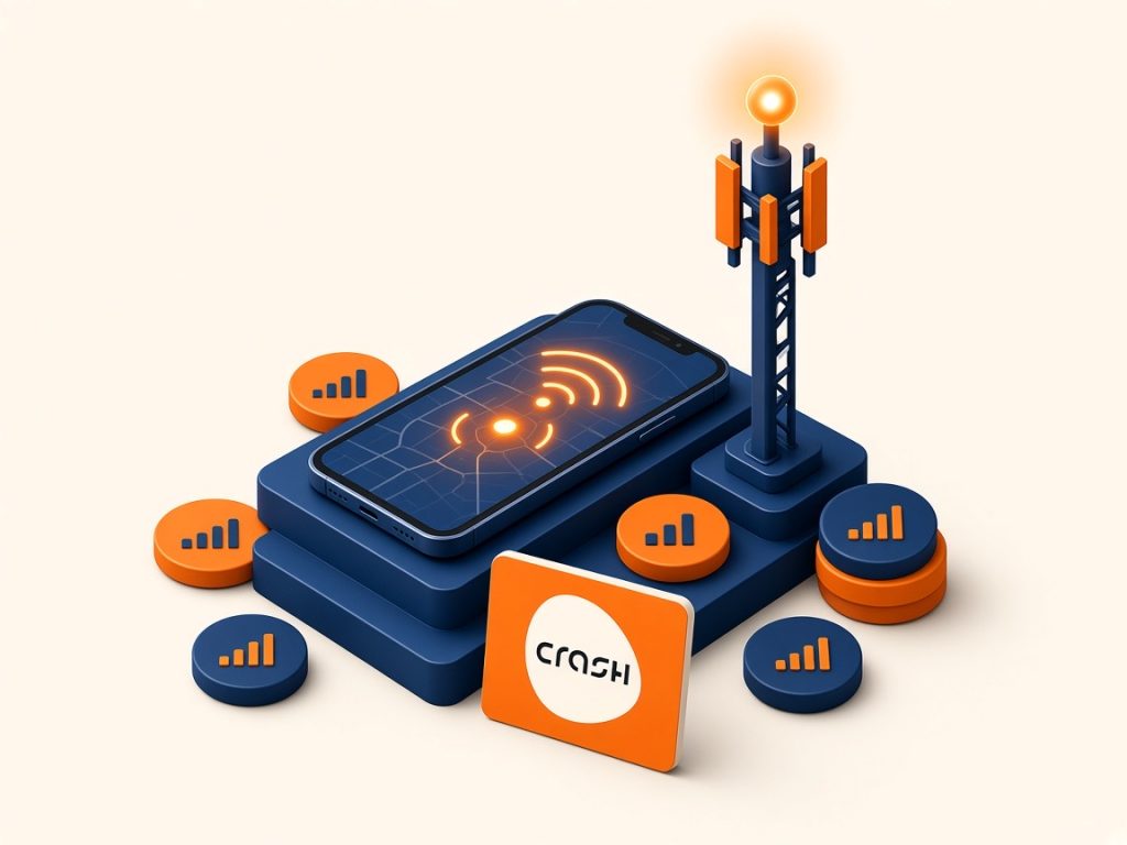 Isometrische Szene Mit Smartphone, Mast Und Crash-Logo Zur Netzprüfung