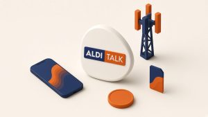 Isometrische Szene mit Smartphone, Prepaid-SIM und echtem ALDI-TALK-Logo