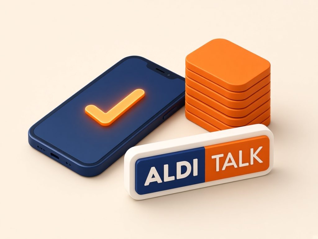 Aldi Talk 11 Isometrische Szene Mit Smartphone Und Datenvolumen-Tokens Neben Aldi-Talk-Logo