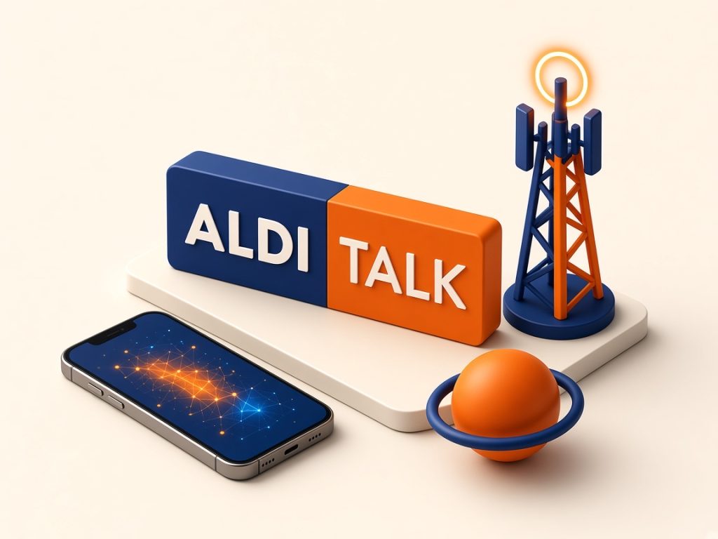 Aldi Talk 9 Isometrische Szene Mit Smartphone, Mast Und Aldi-Talk-Logo Zur Netzprüfung