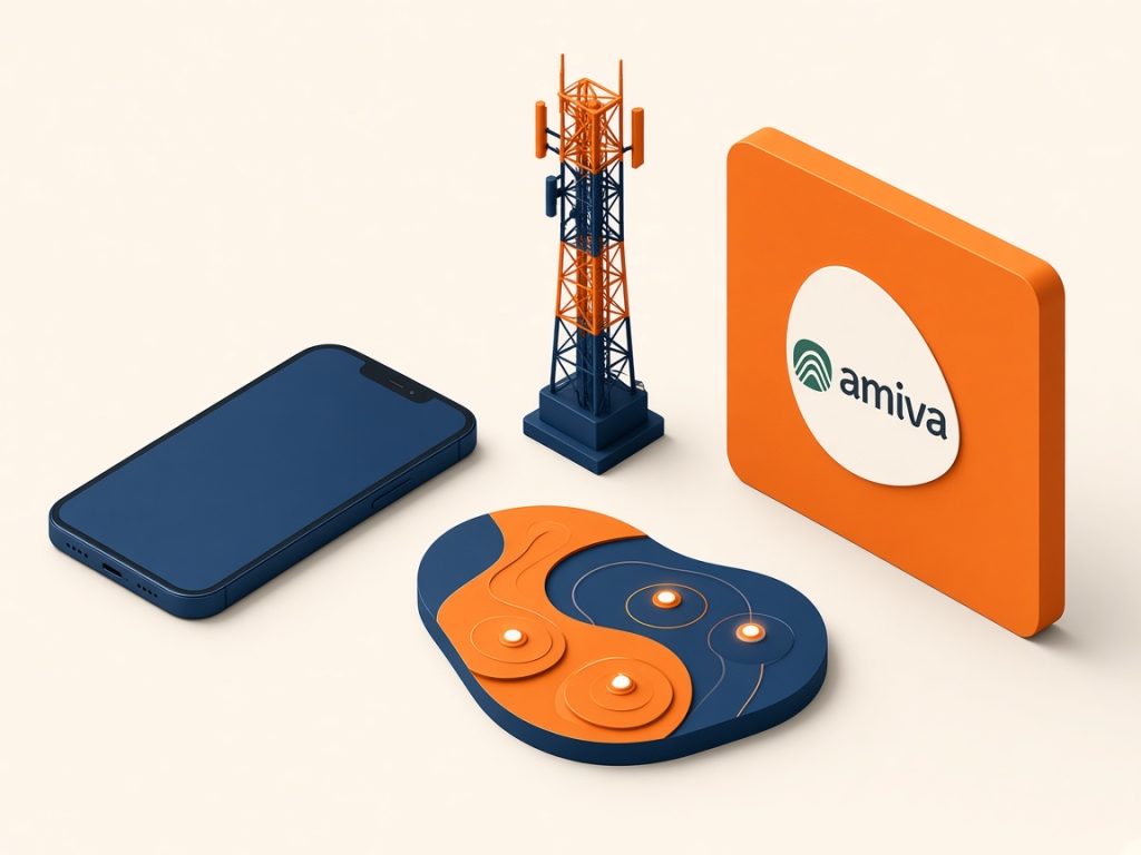 Isometrische Szene Mit Smartphone, Mast Und Amiva-Logo Zur Netzprüfung