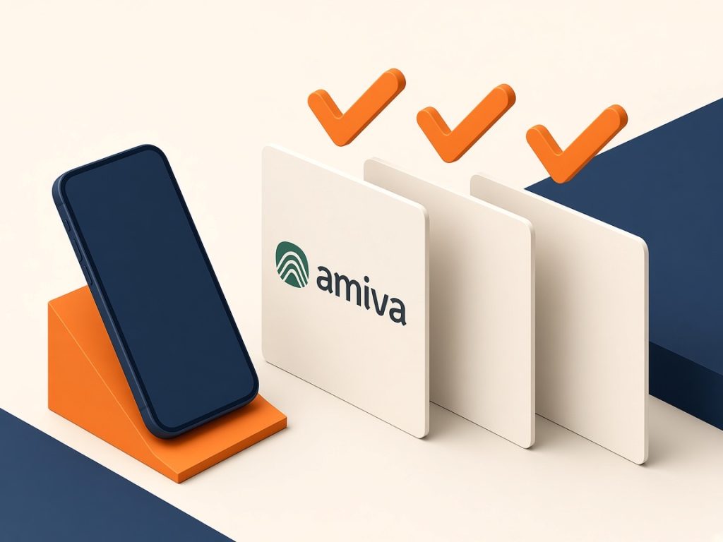 Isometrische Szene Mit Smartphone Und Vergleichskarten Mit Amiva-Logo