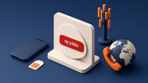 Isometrische Szene mit Smartphone, Globus und echtem AY-YILDIZ-Logo