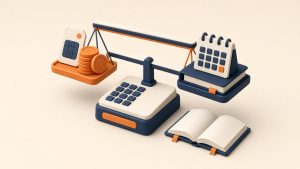 Isometrische Illustration: Prepaid-SIM und Vertragsmappe mit Rechner auf warmem Elfenbein-Hintergrund