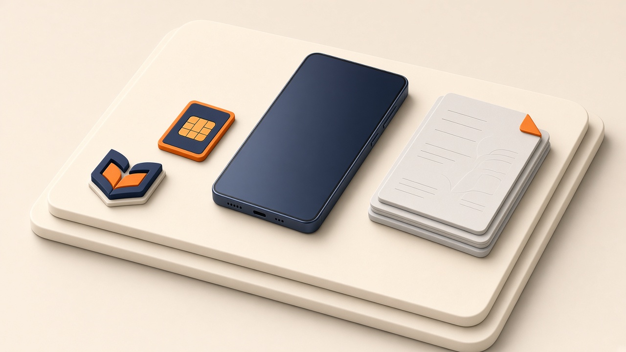 Isometrische 3D-Illustration Eines Premium-Smartphones Mit Sim-Karte Und Vertragsunterlagen Auf Warmem Elfenbein-Hintergrund
