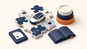 Isometrische Miniatur mit Auto auf Landkarte, gestuften Farbringen und Buch zur Typklasse und Regionalklasse