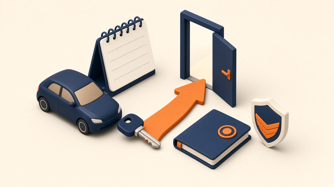 Isometrische Miniatur Mit Auto, Kalender, Schlüssel Und Pfeil Zur Offenen Tür Bei Verpasstem Kfz-Stichtag