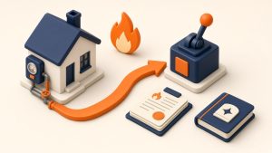 Isometrische Miniatur mit Haus, Gaszähler, Flamme und Hebel zum Gasanbieter-Wechsel