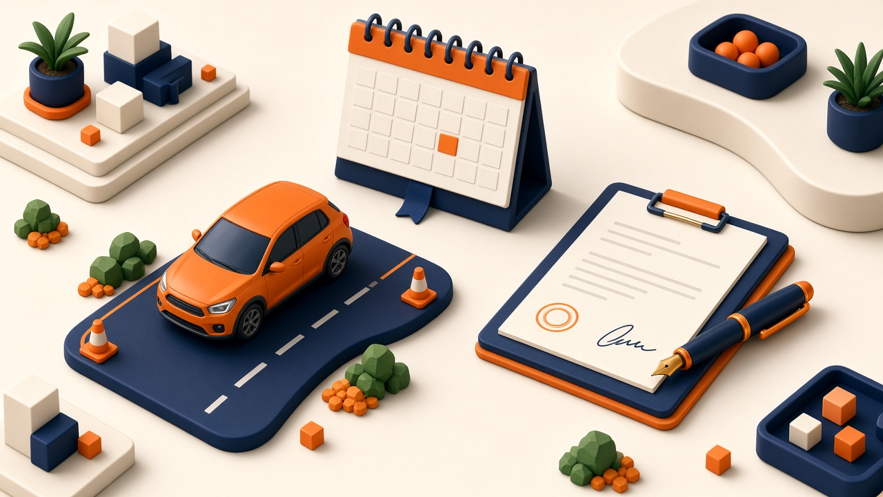 Isometrische Miniatur: Auto, Kalender Und Kündigungsmappe Auf Hellem Schreibtisch