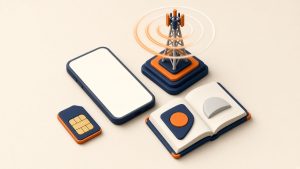 Isometrische Szene mit Smartphone, 5G-Mast, SIM-Karte und Buch