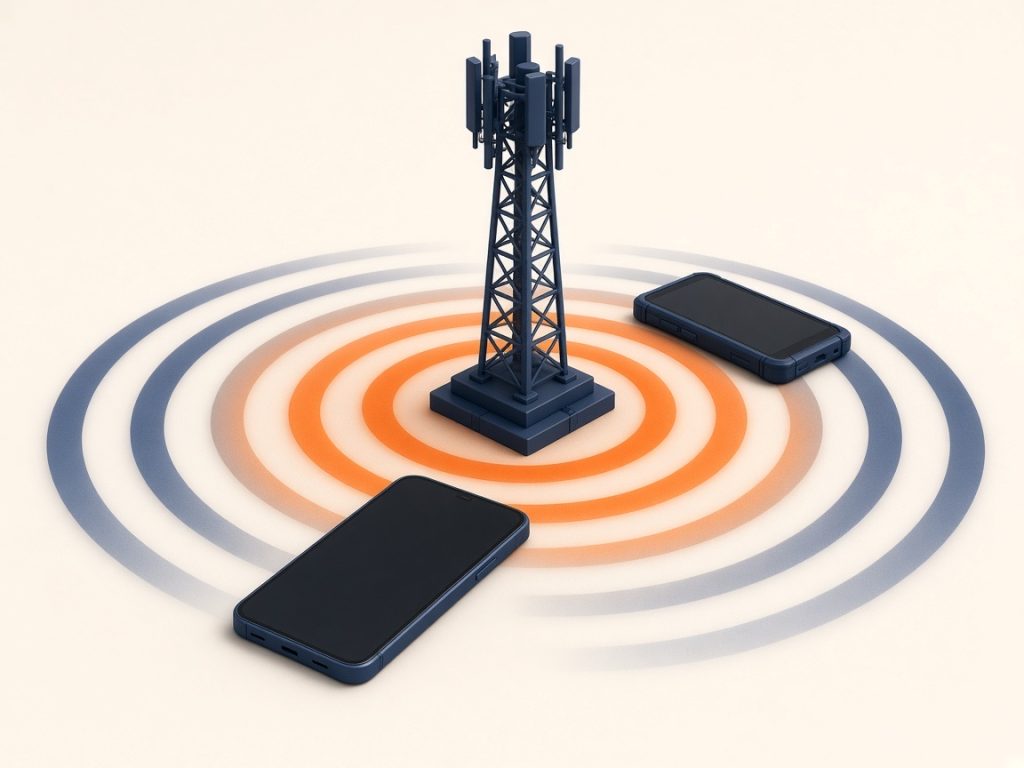 5G Tarife Vergleich 2026: Schnelles Netz, Kleiner Preis 10 Isometrische Szene: Ein Mast Mit Signalringen Und Zwei Smartphones Für 5G Und Lte