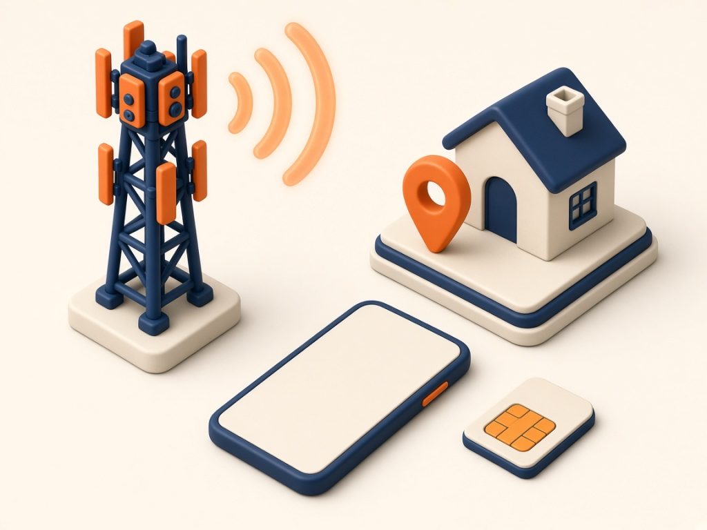 5G Tarife Vergleich 2026: Schnelles Netz, Kleiner Preis 9 Isometrische Szene: Mobilfunkmast, Standort-Haus Und Smartphone Zur Netzabdeckungsprüfung