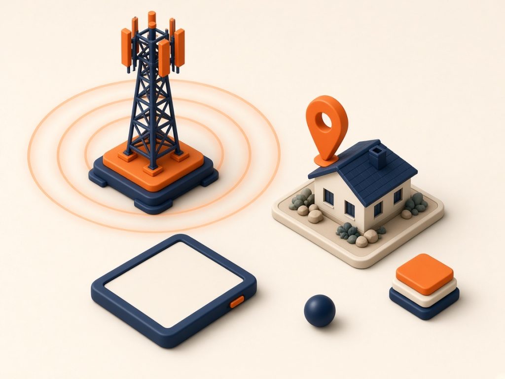 Datentarif Vergleich 2026: Die Richtige Daten-Sim Finden 9 Isometrische Szene: Mast, Haus Mit Standortpin Und Tablet Zur Netzprüfung