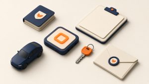 Isometrische Szene mit Auto, eVB-Chip, Schlüssel und Umschlag zur Zulassung