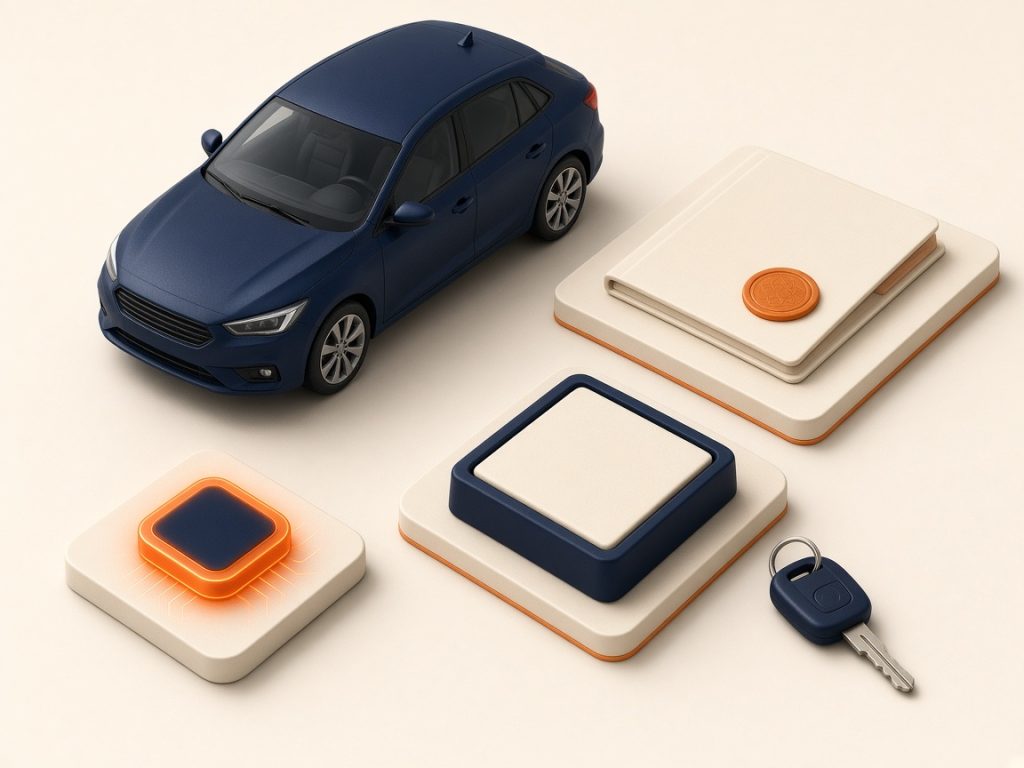 Isometrische Szene: Auto, Stempelpad Und Evb-Chip Für Zulassungsfälle