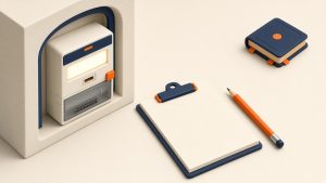 Isometrische Szene mit Stromzähler, Klemmbrett und Stift zum Ablesen