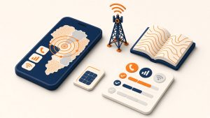Isometrische Illustration: Smartphone, SIM-Karte und Funkmast zum Allnet-Flat Vergleich