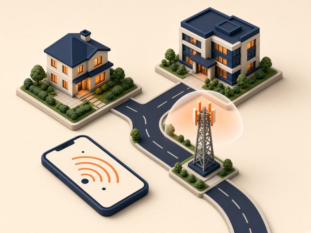 Allnet-Flat Vergleich 2026: Kosten, Daten &Amp; Netz Prüfen 10 Isometrische Miniatur: Haus, Büro Und Funkmast Zur Netzabdeckungsprüfung
