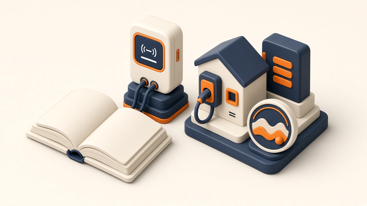 Isometrische Miniatur-Szene Zu Dynamischen Stromtarifen Mit Smart Meter, Energiehub Und Wallbox In Orange Und Navy