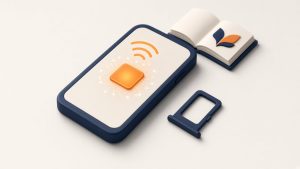 Isometrische Miniatur: Smartphone mit leuchtendem eSIM-Chip und Signalbögen auf warmem Elfenbein-Hintergrund