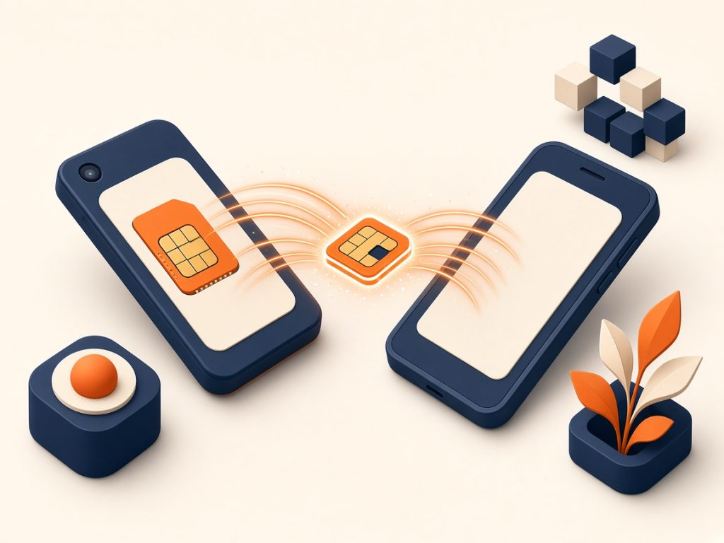 Esim Tarife 2026: Geräte, Aktivierung &Amp; Vergleich 11 Isometrische Szene: Esim-Transfer Zwischen Altem Und Neuem Smartphone