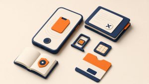 Isometrische Miniatur mit Smartphone, SIM-Karte und Unterlagenordner